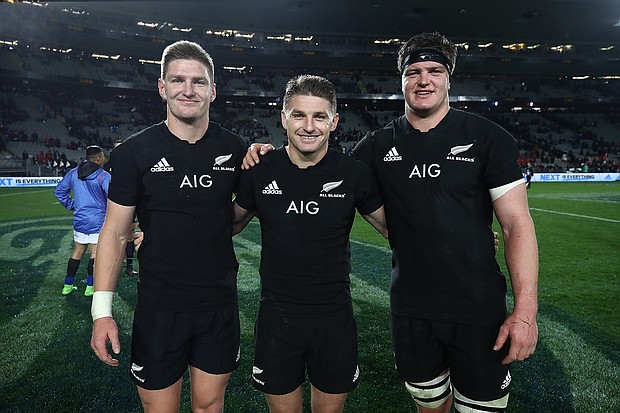 From left to right, Barrett brothers Jordie, Beauden, and Scott after New Zealand's test match against Samoa in 2017.
It's not uncommon for two brothers to line up for the All Blacks -- 46 sets have done so in the past -- but for a single family to have such a foothold within the current team is unprecedented.