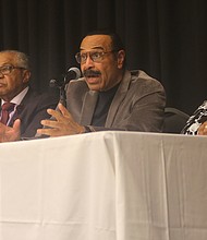 Honoring the Richmond 34-
On Feb. 22, Richmond 34 members participated in a panel discussion, center, at the university. They are, from left, Dr. Anderson J. “A.J.” Franklin, Rev. Leroy Bray, Ford T. Johnson Jr. and his sister, Ms. Elizabeth Johnson Rice. (Regina H. Boone/Richmond Free Press)