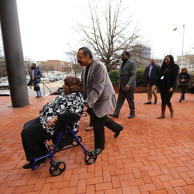 Honoring the Richmond 34-
Later last Friday, Richmond 34 members head to the John Marshall Courts Building in Downtown, right, where several members had their arrest records from 59 years ago expunged in a hearing before Chief Judge Joi Jeter Taylor in Richmond Circuit Court. (Regina H. Boone/Richmond Free Press)