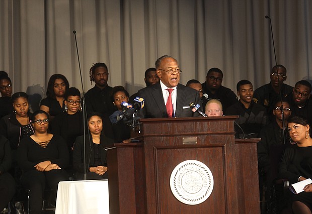 Honoring the Richmond 34-
Dr. Dwight C. Jones Sr., a former Richmond mayor and a VUU alumnus, spoke at the service, “Faith, Identity & Social Justice,” on the need for students and others today to similarly stand up on issues confronting the community. (Regina H. Boone/Richmond Free Press)