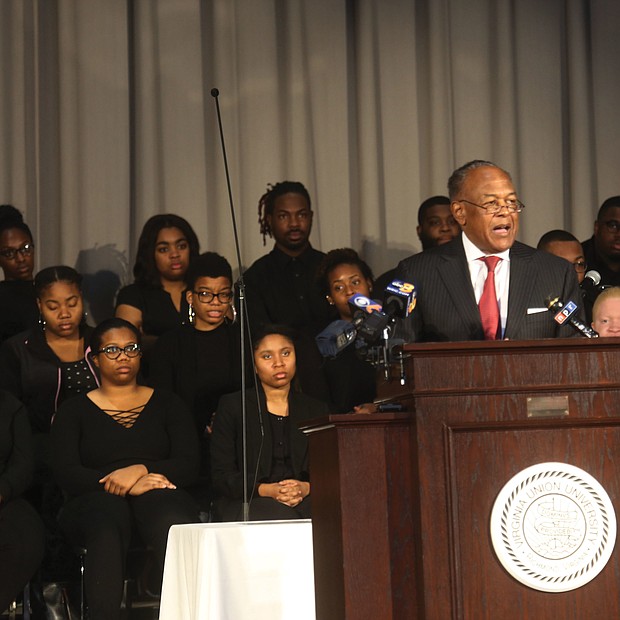 Honoring the Richmond 34-
Dr. Dwight C. Jones Sr., a former Richmond mayor and a VUU alumnus, spoke at the service, “Faith, Identity & Social Justice,” on the need for students and others today to similarly stand up on issues confronting the community. (Regina H. Boone/Richmond Free Press)