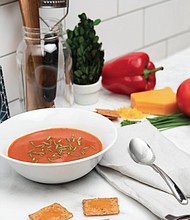 Creamy Tomato and Roasted Pepper Soup with Cheddar Cracker Melts