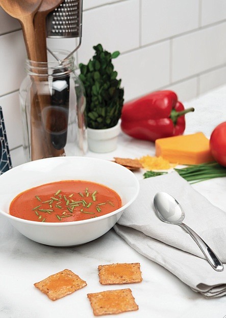 Creamy Tomato and Roasted Pepper Soup with Cheddar Cracker Melts