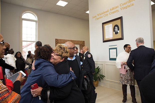 Courthouse renaming: The courthouse in Charles City County has a new name. On Feb. 17, it was renamed the Iona Whitehead Adkins Courthouse in honor of the county’s late circuit court clerk. In 1967, Mrs. Adkins was the first African-American elected to a court of record in the United States since Reconstruction. Mrs. Adkins served as the court clerk for 21 years until her retirement in 1988. She also was active with the local NAACP branch, the Charles City Civic League and St. John Baptist Church in Charles City until her death in October 2004. An array of elected officials attended the ceremony, including former Gov. Terry McAuliffe and Congressman Robert C. “Bobby” Scott. A plaque with Mrs. Adkins’ photo hangs in the courthouse foyer. (Photos by The Jones Photography & Media Co.)