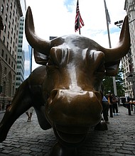 The New York Stock Exchange bull statue on Wall Street, shot June 18, 2010.