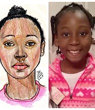 A police sketch of the girl found in the bag (left) identified as Trinity Love Jones, age 9 (right).