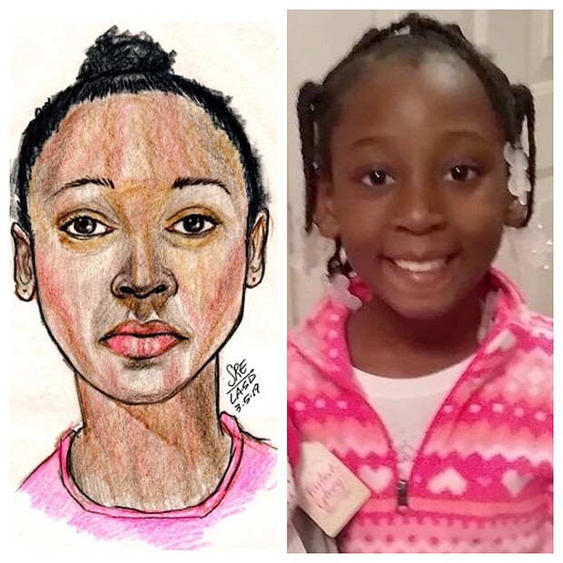 A police sketch of the girl found in the bag (left) identified as Trinity Love Jones, age 9 (right).