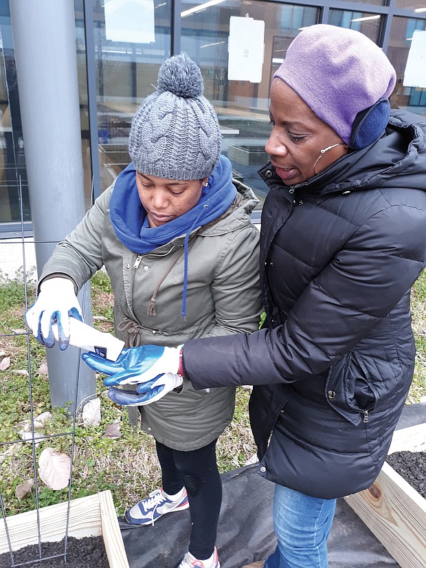 Alia Chambers, co-founder of Sun Path Family Farms, and Sue Roberson plant seeds for peas and green beans Saturday in new beds at Martin Luther King Jr. Middle School in the East End.