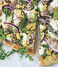 Grilled Pizza with Arugula Pesto, Corn and Ham