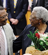 Annie Reese and her cousin, Hall of Famer Joseph “Joe” Taylor, athletic director at Virginia Union University, accept recognition Monday night from Richmond City Council.