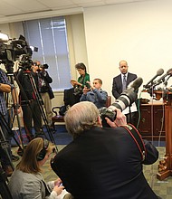 Lt. Gov. Justin E. Fairfax discusses the results of his two polygraph tests during a news conference on Wednesday at his office in Capitol Square. He did not take questions from reporters.