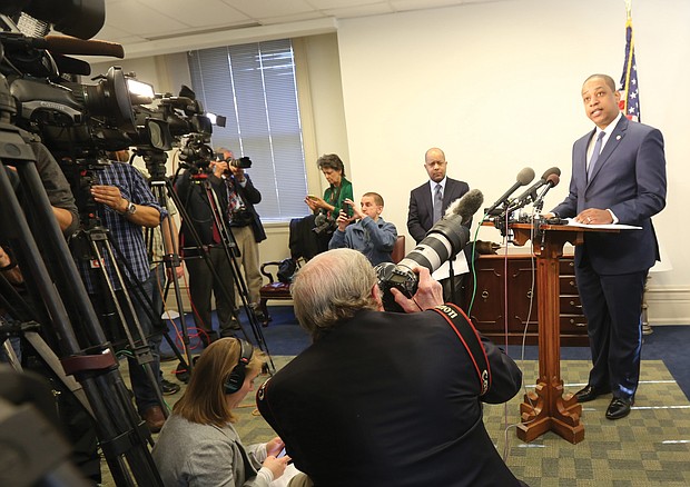 Lt. Gov. Justin E. Fairfax discusses the results of his two polygraph tests during a news conference on Wednesday at his office in Capitol Square. He did not take questions from reporters.