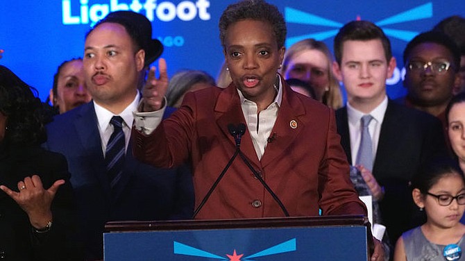After her landslide victory, Lori Lightfoot speaks to her supporters as the Chicago’s first Black female mayor.