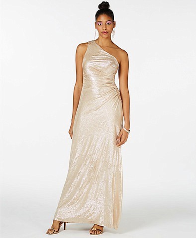 Calvin Klein
One-Shoulder Metallic Gown, $199.00