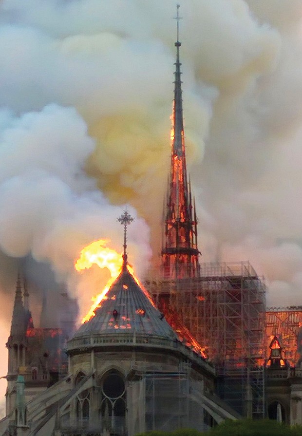 A catastrophic fire shoots up the spire of Notre Dame Cathedral in Paris on Monday, threatening one of the architectural treasures of Europe.