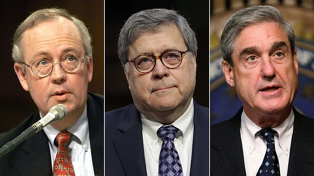 William Barr said in a 1998 interview that he was "disturbed" that Attorney General Janet Reno had not defended independent counsel Ken Starr from "spin control," "hatchet jobs" and "ad hominem attacks."