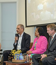 Former U.S. Attorney General Eric H. Holder, second from left, speaks during a civil rights panel discussion last Saturday honoring the legacy of Barbara Johns.