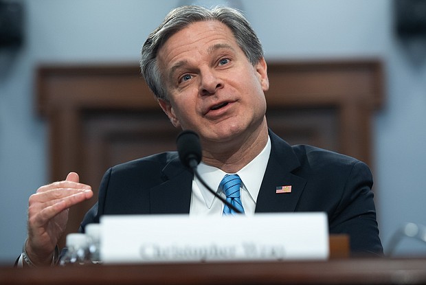 FBI Director Christopher Wray testifies during a US House Commerce, Justice, Science, and Related Agencies Subcommittee hearing on April 4, 2019. He told a Senate panel that the bureau is "working to help" Attorney General William Barr as he reviews the origins of the Russia investigation