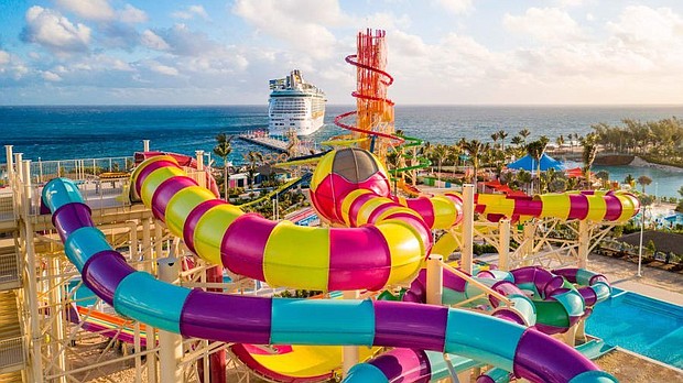 Thrill Waterpark features 13 water slides and the Caribbean's largest wave pool. The park is part of Royal Caribbean's revamped private Bahamas island called Perfect Day at CocoCay.
