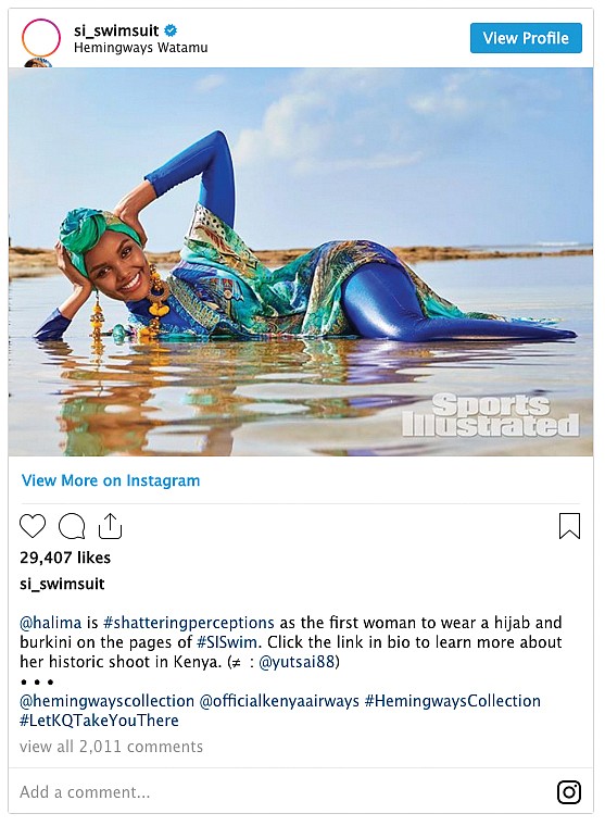 Model Halima Aden wears a burkini in Sports Illustrated magazine.