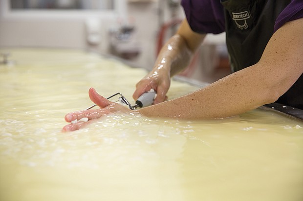 Sister Maria Gonzalo stirs the cheese on a recent Thursday, cheese-making day at the monastery in Crozet. The nuns take shifts in helping with the process that takes place in the monastery’s barn. The cheese is stirred in 20-minute intervals. “We always say the secret ingredient is love and prayer. You get out what you put in,” Sister Gonzalo said.
