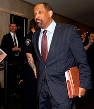 Harvard law professor Ronald Sullivan Jr. enters court for an April hearing in the Harvey Weinstein case.