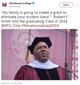 The commencement was delivered by Robert F. Smith, chairman, and CEO of Vista Equity Partners. As Chairman Smith was wrapping ... The commencement was delivered by Robert F. Smith, chairman, and CEO of Vista Equity Partners. As Chairman Smith was wrapping ...