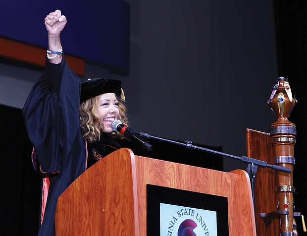 Virginia State University alumna Congresswoman Lucy McBath of Georgia urges graduates to fight on to help others during Sunday afternoon’s ceremony.