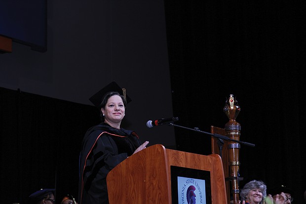 State Sen. Jennifer L. McClellan tells the audience about her roots growing up on Virginia State University’s campus, where her father was a professor and her mother worked as a counselor.