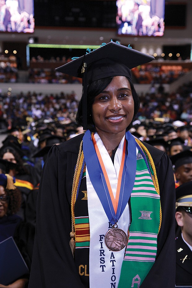 Valedictorian Tiffany M. Tucker of Dinwiddie County is recognized during ceremonies for having the highest GPA in the Class of 2019. She earned a degree in business management and plans to enroll in graduate school in the fall.