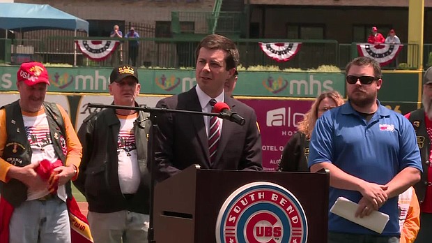 Buttigieg attends a wreath laying in South Bend, Indiana on Monday, May 27.