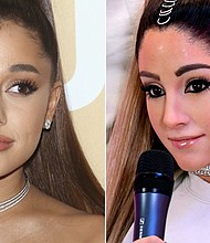 Ariana Grande, left, wants to talk about her wax figure at Madame Tussauds London.