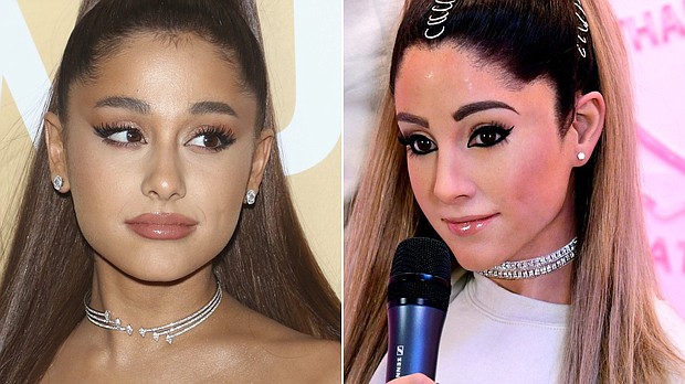 Ariana Grande, left, wants to talk about her wax figure at Madame Tussauds London.