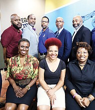 Richmond entrepreneurs receiving Black Wall Street awards on May 17 are, seated from left, Janelle Harris, Jaynell Pittman-Shaw and Tishawna Dortch Pritchett. Additional honorees are, standing from left, Jamil Jasey, James Pope, Donald Gee, Craig Watson, Darryl Jones, Darrick L. Hall and Mike Street.