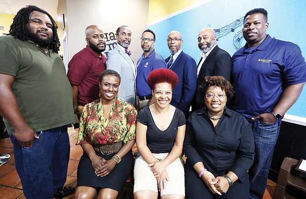 Richmond entrepreneurs receiving Black Wall Street awards on May 17 are, seated from left, Janelle Harris, Jaynell Pittman-Shaw and Tishawna Dortch Pritchett. Additional honorees are, standing from left, Jamil Jasey, James Pope, Donald Gee, Craig Watson, Darryl Jones, Darrick L. Hall and Mike Street.