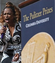 Jennifer Hudson sings “Amazing Grace” in a tribute to Queen of Soul Aretha Franklin, who received a special music citation during the 2019 Pulitzer Prize awards luncheon May 28 in New York.