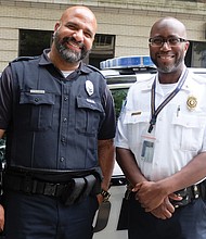 Richmond Police Officer Mervin Mayo, left, a school resource officer, and Maj. Darrell Goins, who heads Area 1 operations, show off their new bearded looks, grown since the policy change on Jan. 31. Officer Mayo estimates that about 70 percent of the officers now have beards and/or mustaches.