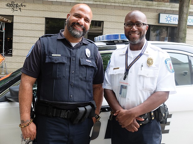 Richmond Police Officer Mervin Mayo, left, a school resource officer, and Maj. Darrell Goins, who heads Area 1 operations, show off their new bearded looks, grown since the policy change on Jan. 31. Officer Mayo estimates that about 70 percent of the officers now have beards and/or mustaches.