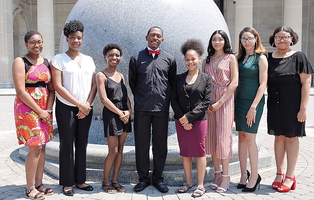 Richmond Public Schools valedictorians, from left: Jordan Baker of Community High, Lahjae White-Patterson of Huguenot, Laura Blackwell of Armstrong, William Wilkins of Franklin Military Academy, Alexis Stokes of John Marshall, Chantal Hernandez of Open High, Majestic Colley of George Wythe and Cozette Bell-Ferguson of Thomas Jefferson. (Richmond Public Schools photo)