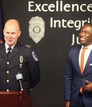 Richmond’s new police chief, William C. “Will” Smith, addresses the media Wednesday at a news conference announcing his appointment to chief from interim chief.