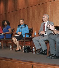 Congressman A. Donald McEachin of Richmond, right, makes a point during the State of Black America Town Hall last Saturday following the Ashe Boulevard dedication ceremony. With him are, from left, moderators Dr. Ravi K. Perry and Samantha Willis, and Rep. Karen R. Bass of California, chair of the Congressional Black Caucus, and Rep. Robert C. “Bobby” Scott of Newport News.