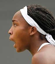 Cori Gauff reacts during her first round match Monday against Venus Williams at Wimbledon.