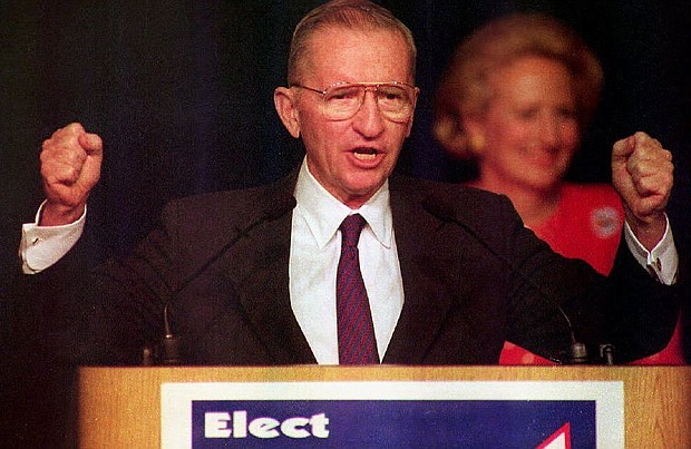 Ross Perot, the billionaire tycoon who mounted two unsuccessful third-party presidential campaigns in the 1990s, died Tuesday, family spokesman James Fuller confirmed to CNN. He was 89./
Source:	Paul J Richards/AFP/Getty Images