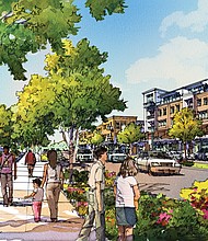 This rendering shows the mixed-use development planned for the Lombardy Street-Brook Road intersection, with apartments and other residences located above offices, shops and businesses in a neighborhood center.