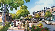 This rendering shows the mixed-use development planned for the Lombardy Street-Brook Road intersection, with apartments and other residences located above offices, shops and businesses in a neighborhood center.