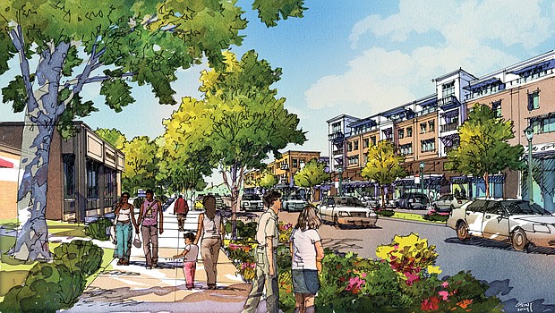 This rendering shows the mixed-use development planned for the Lombardy Street-Brook Road intersection, with apartments and other residences located above offices, shops and businesses in a neighborhood center.