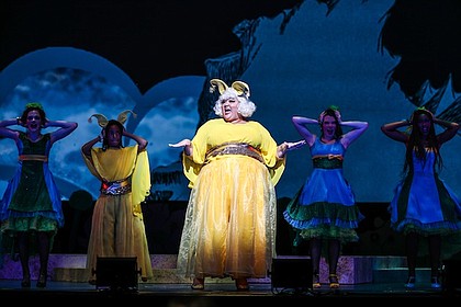 Christina Wells as the Sour Kangaroo. Lauren Schweers as Bird Girl, Addison White as Young Kangaroo, Morgan Munro as Bird Girl, and Violet Anyaso as Bird Girl. Photo Credit: Melissa Taylor.