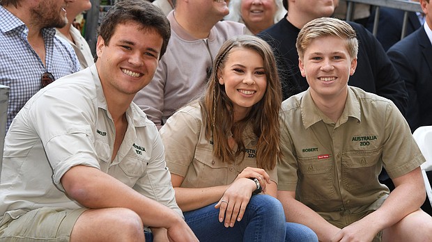 Chandler Powell, Bindi Irwin and Robert Irwin pose for a photo after Steve Irwin was honored posthumously with a star on the Hollywood Walk of Fame on April 26, 2018.