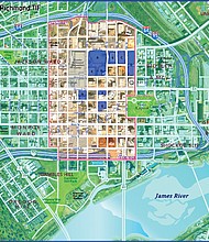 This map shows the 80-block section of Downtown to be included in a proposed Tax Increment Financing District, or TIF. Increased earnings from real estate taxes within the district would be used to pay off $330 million in borrowing for a new Coliseum and other public projects. The proposed boundaries for the TIF district are the Downtown Expressway, 1st Street, Interstate 95 and 10th Street. The blue-color blocks represent sites where the new Coliseum, a new convention hotel, restaurants, office buildings and new apartments would be built.