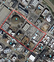 This map shows the 80-block section of Downtown to be included in a proposed Tax Increment Financing District, or TIF. Increased earnings from real estate taxes within the district would be used to pay off $330 million in borrowing for a new Coliseum and other public projects. The proposed boundaries for the TIF district are the Downtown Expressway, 1st Street, Interstate 95 and 10th Street. The blue-color blocks represent sites where the new Coliseum, a new convention hotel, restaurants, office buildings and new apartments would be built.